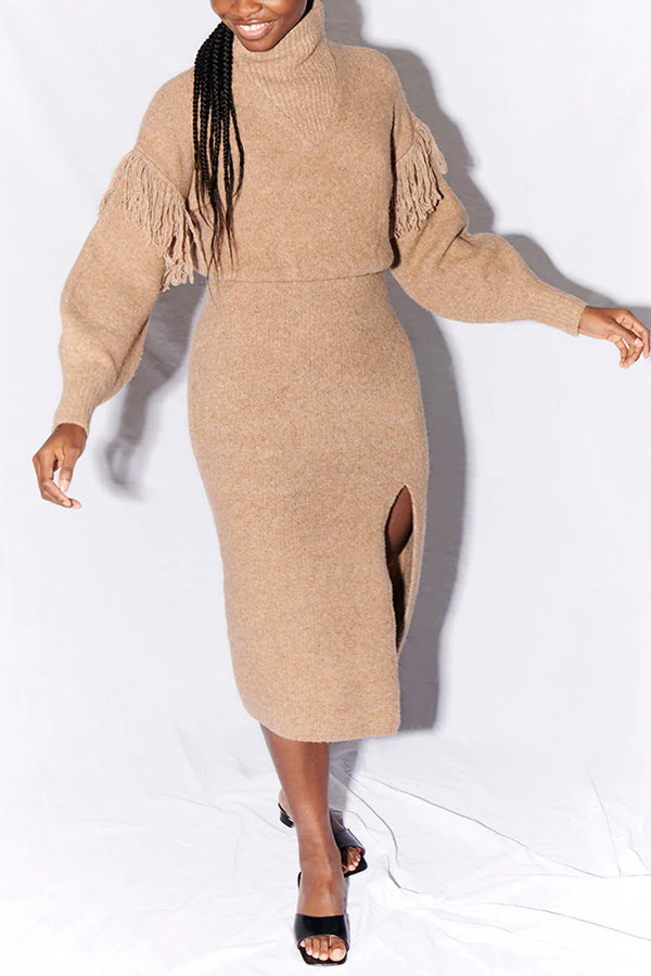Simple Fringed Side Slit Knitted Maxi Dress