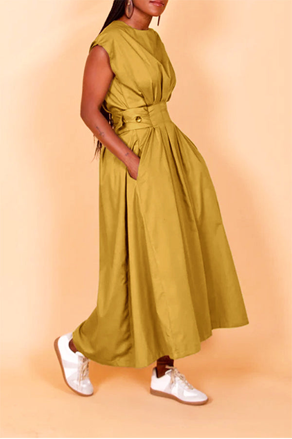 Fashion High Plicated Waist Slant Pocket Dress