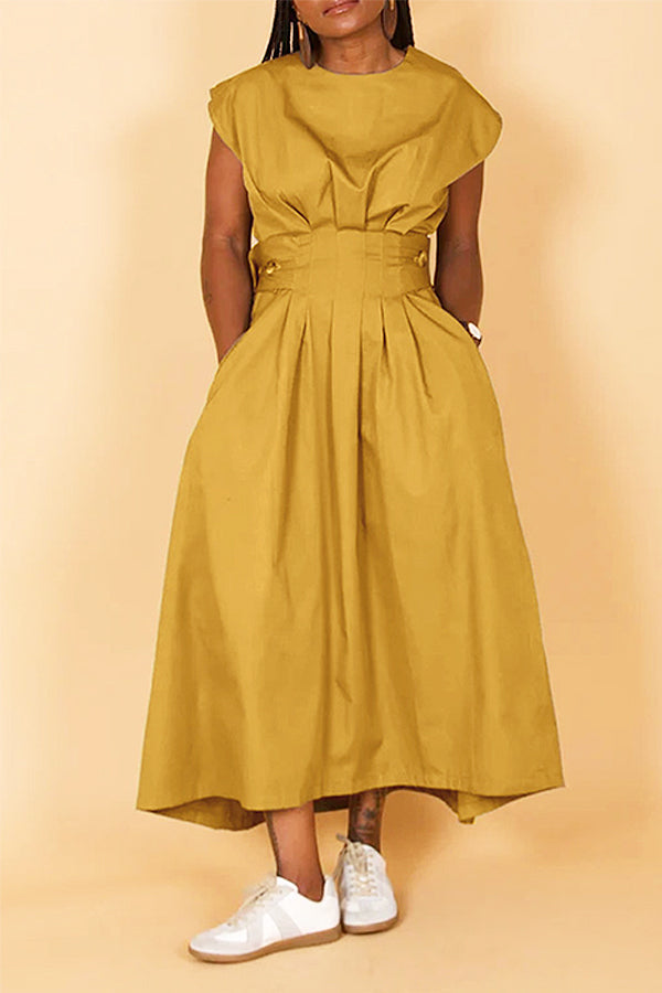 Fashion High Plicated Waist Slant Pocket Dress