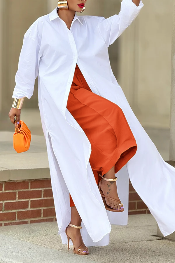 M-slit Hem Button Up Long Blouse
