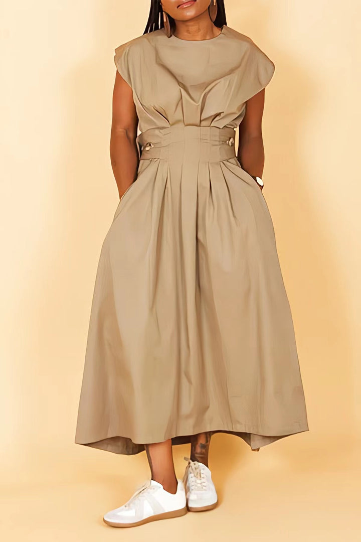 Fashion High Plicated Waist Slant Pocket Dress