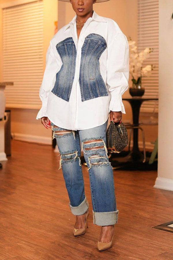 Fashion Denim Patchwork Shirt
