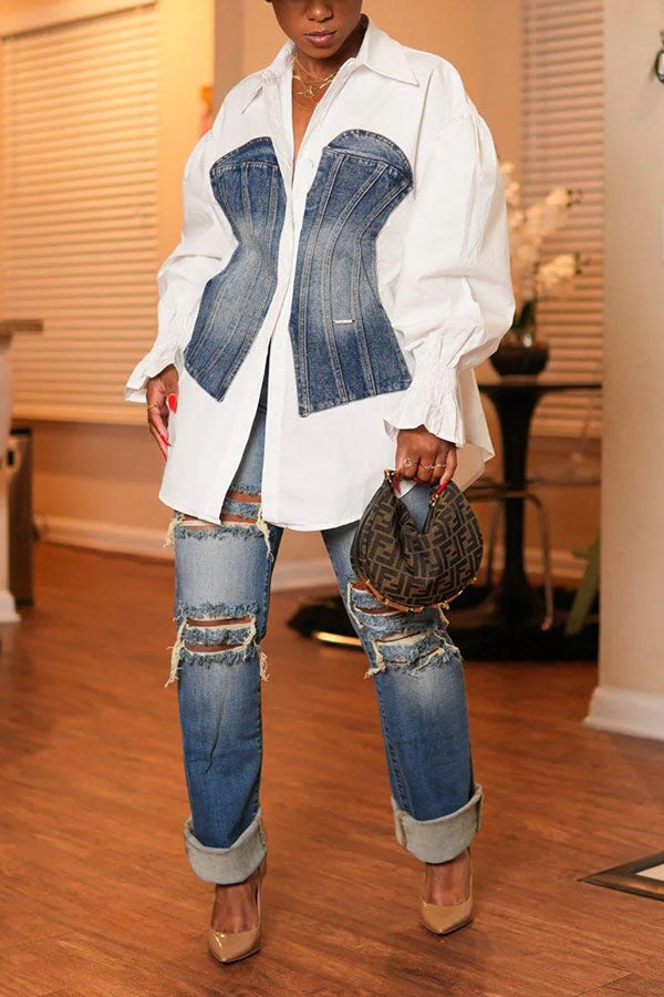 Fashion Denim Patchwork Shirt