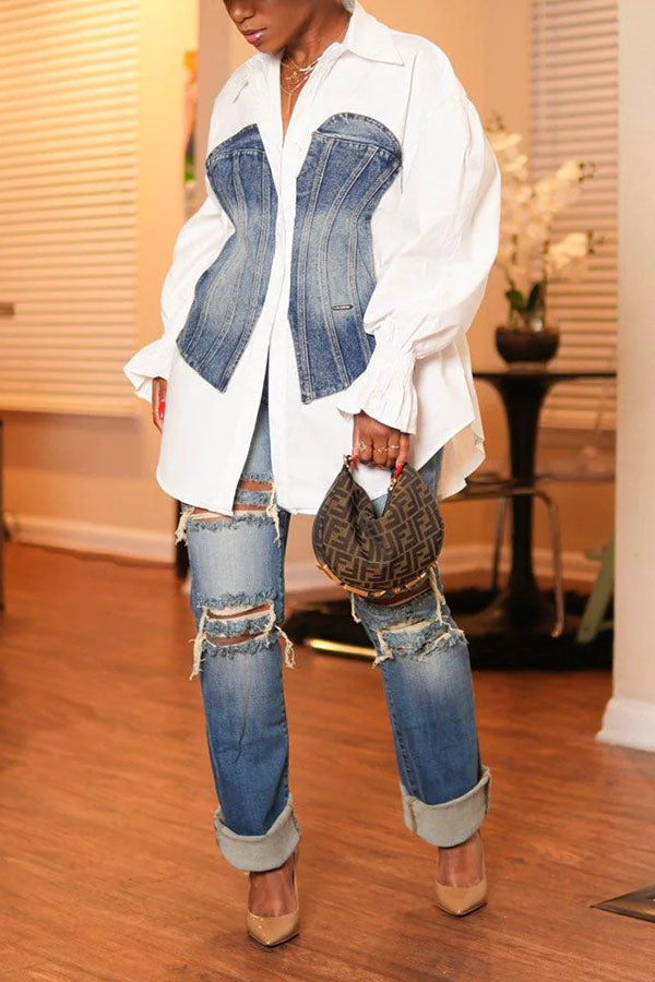 Fashion Denim Patchwork Shirt
