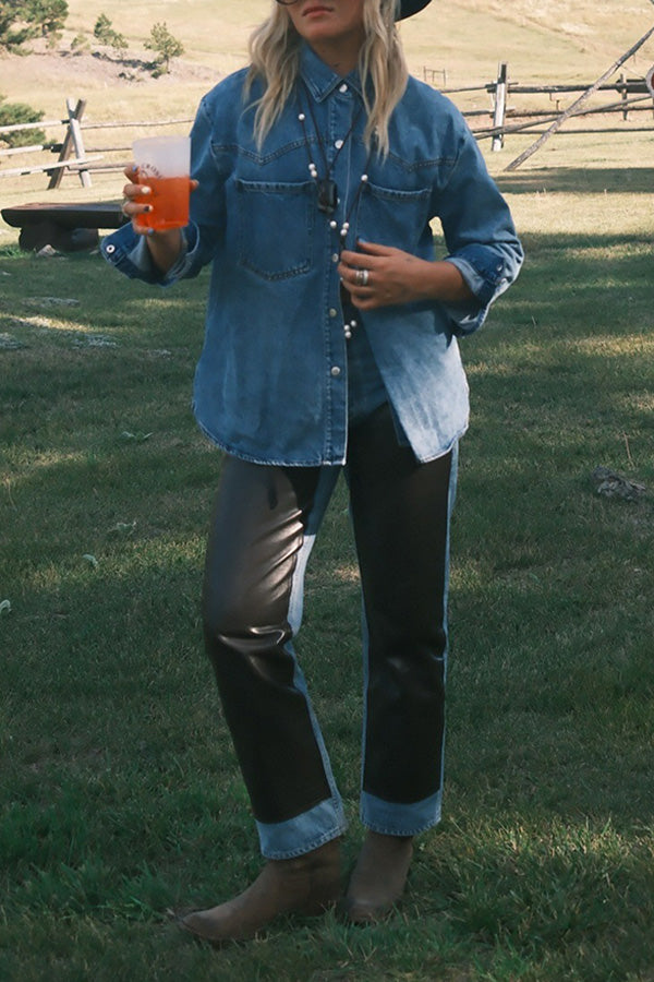 Stylish Denim Shirt & Leather Patchwork Jeans