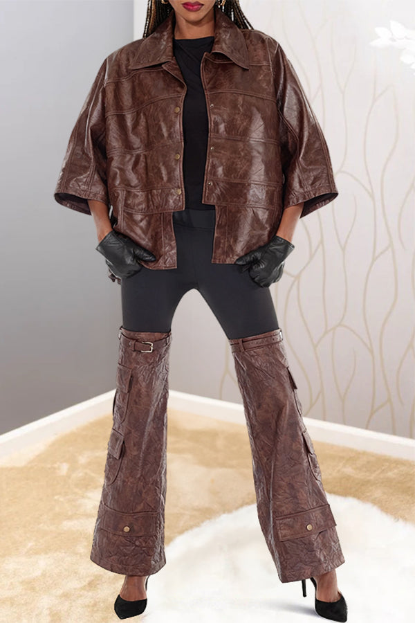 Stylish Leather Jacket & Patchwork Trousers