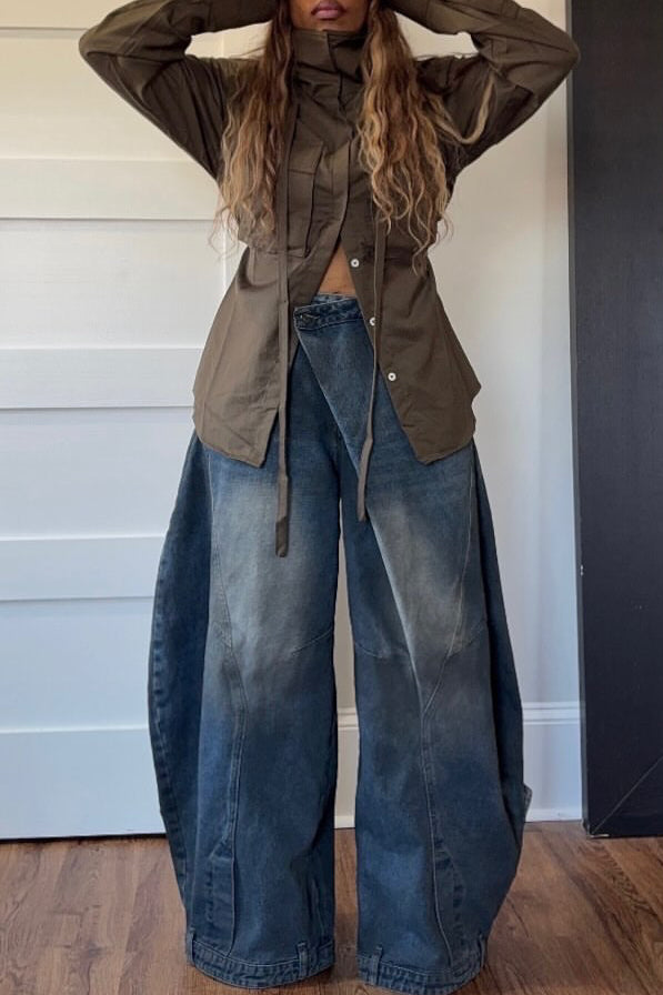 Stylish Cross Button Fastening High Waist Jeans