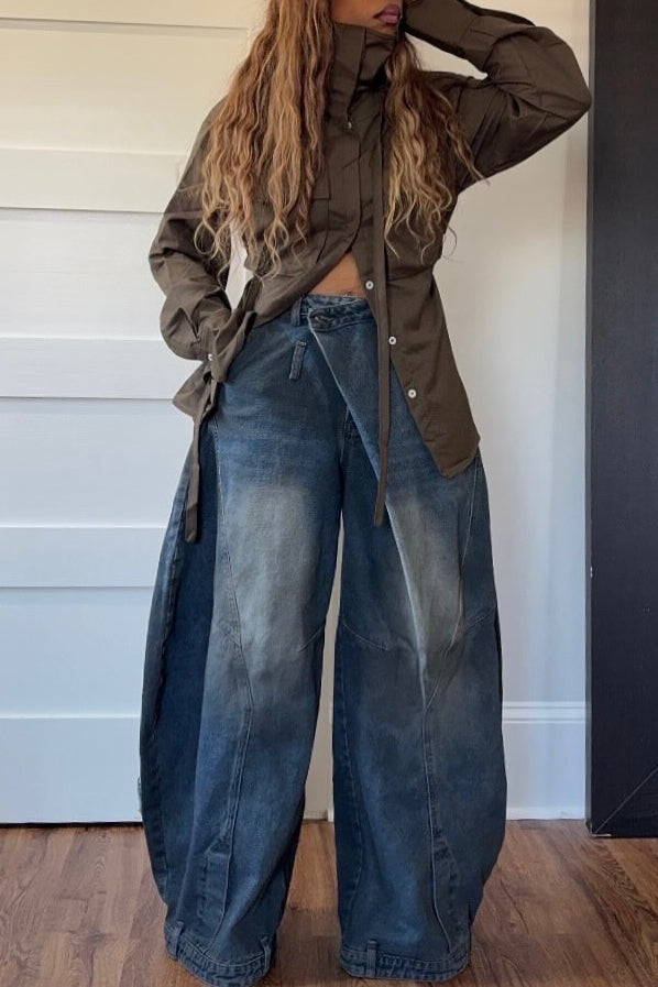 Stylish Cross Button Fastening High Waist Jeans