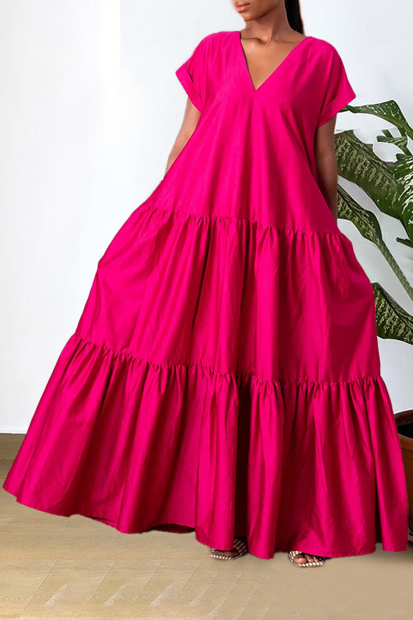 Fashion V-Neck Ruffle Hem Maxi Dress