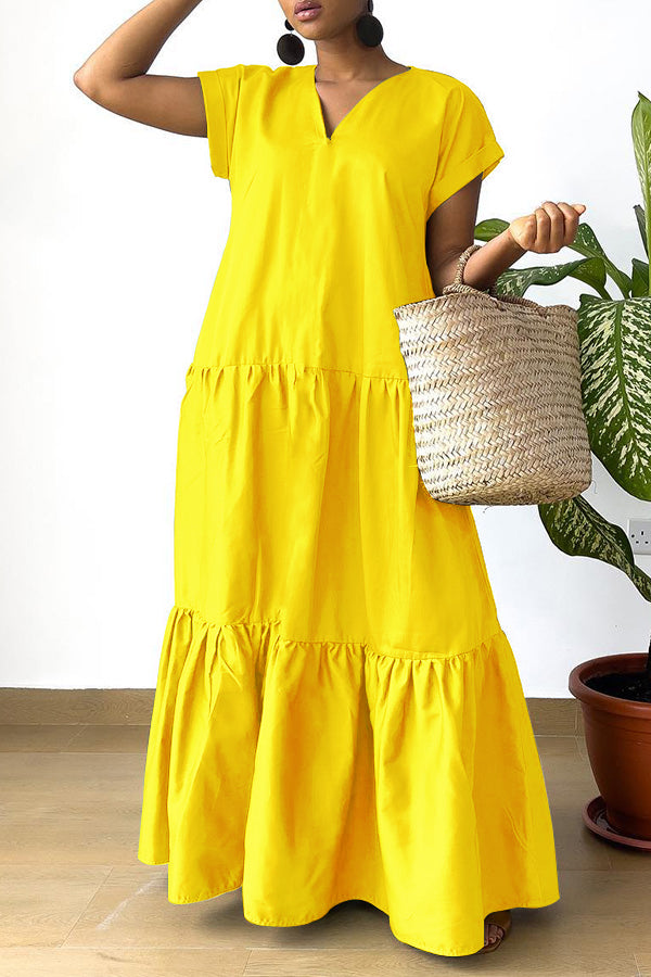 Fashion V-Neck Ruffle Hem Maxi Dress