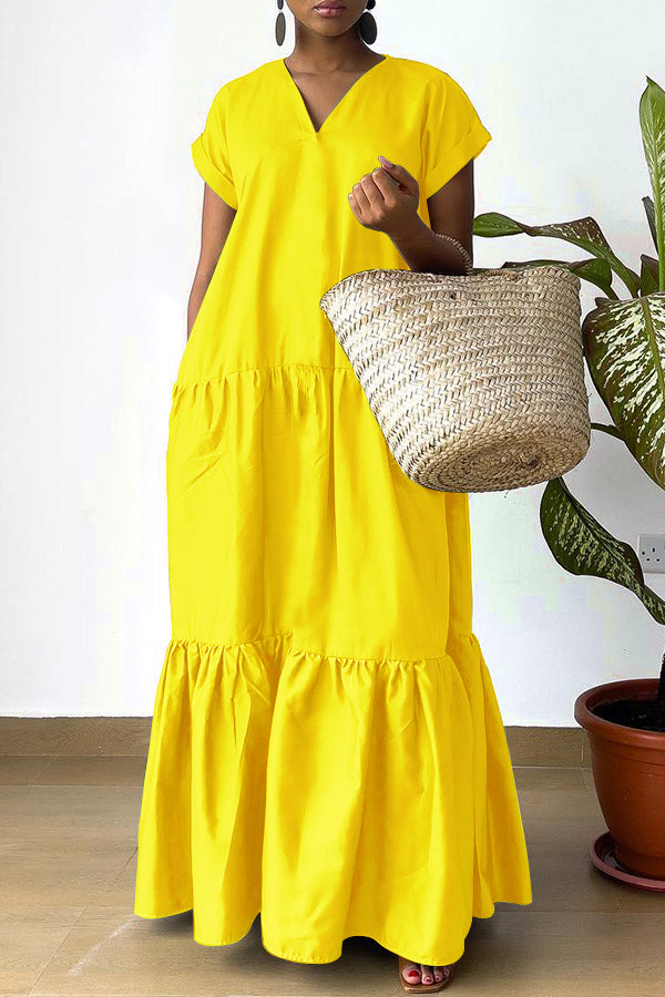 Fashion V-Neck Ruffle Hem Maxi Dress