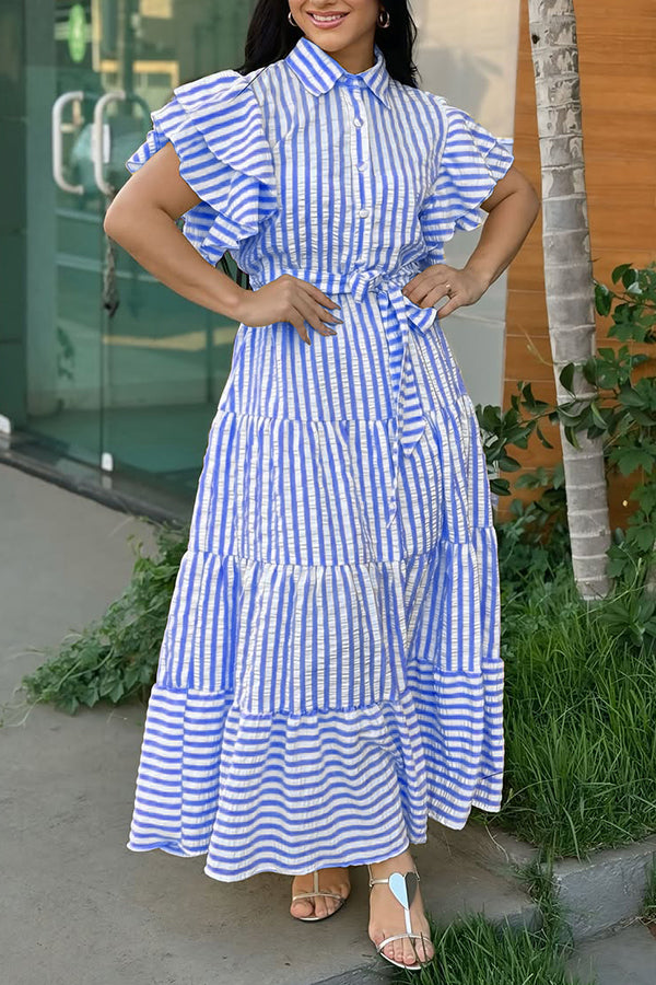 Stylish Striped Flutter Sleeve Ruffle Hem Dress