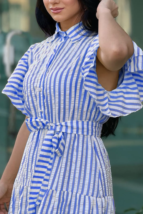 Stylish Striped Flutter Sleeve Ruffle Hem Dress