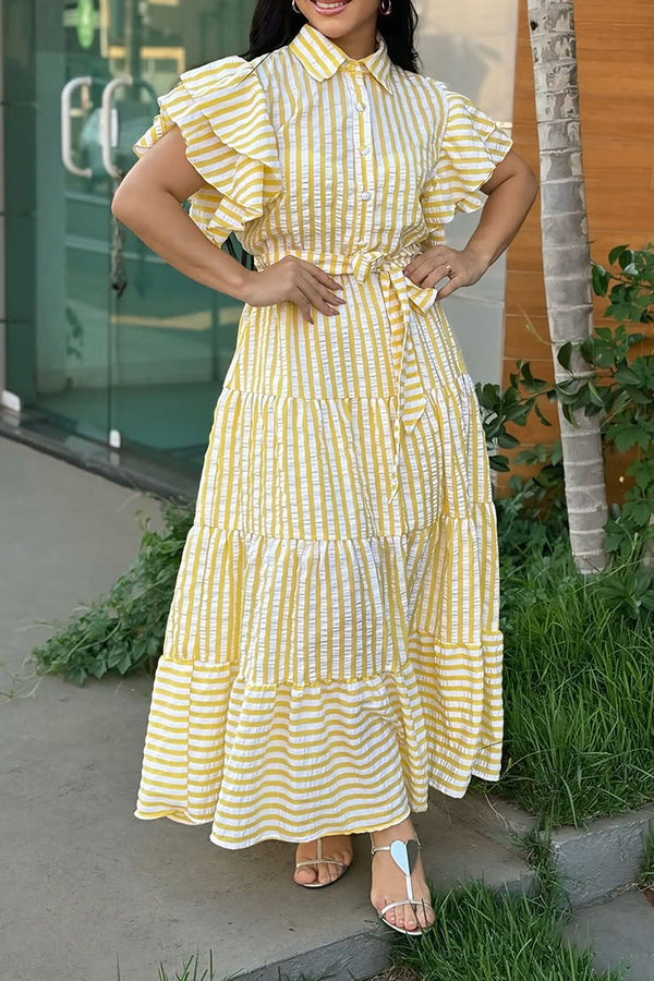 Stylish Striped Flutter Sleeve Ruffle Hem Dress