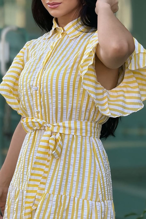 Stylish Striped Flutter Sleeve Ruffle Hem Dress