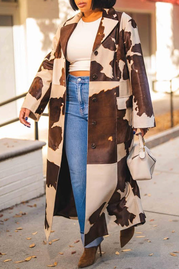 Stylish Lapel Neck Cow Print Coat 