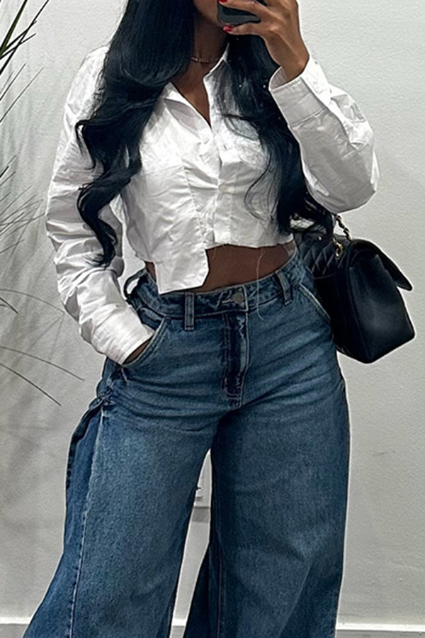 Casual Solid High Waist Wide-Leg Jeans