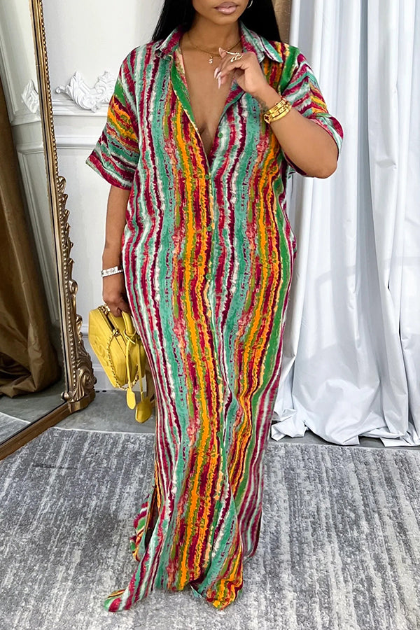 Casual Cozy Multicolor Striped Shirt Maxi Dress