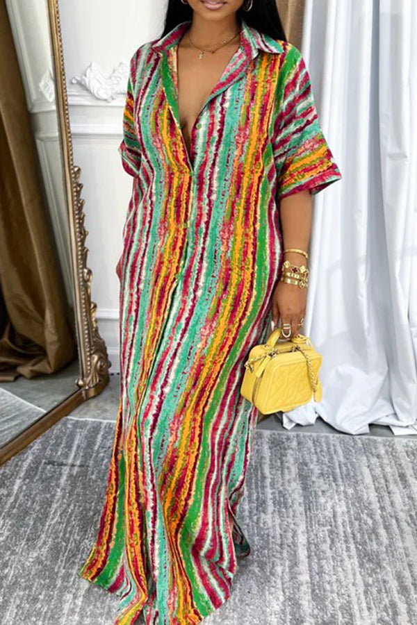 Casual Cozy Multicolor Striped Shirt Maxi Dress