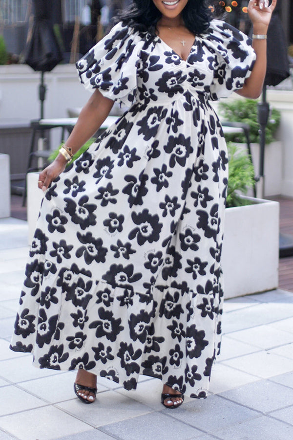 Elegant Puff Sleeve Floral Print Maxi Dress