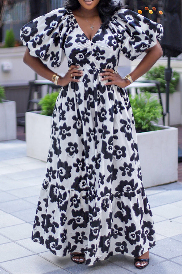Elegant Puff Sleeve Floral Print Maxi Dress