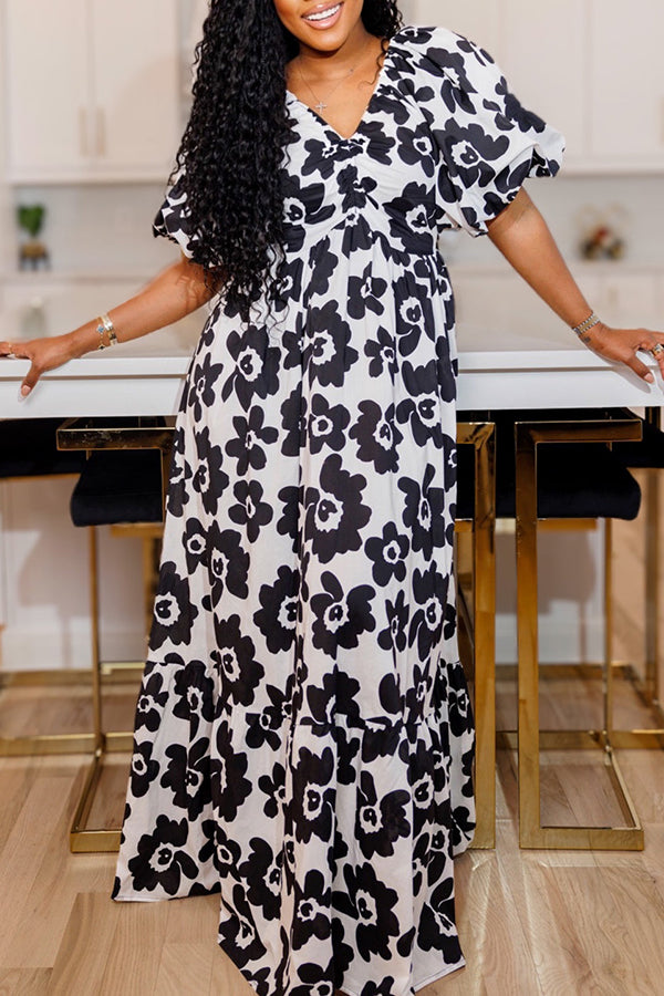 Elegant Puff Sleeve Floral Print Maxi Dress