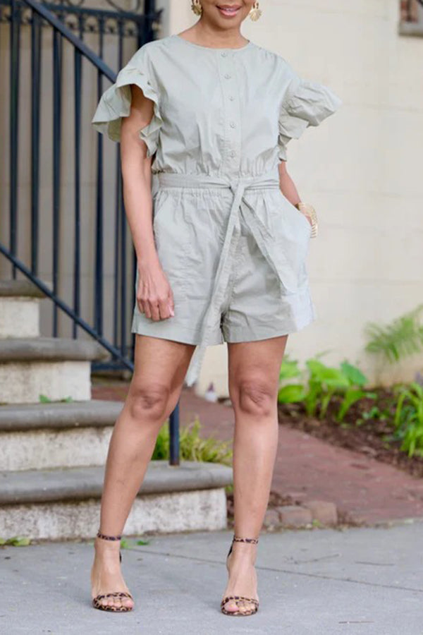 Casual Solid Flutter Sleeve Belted Romper