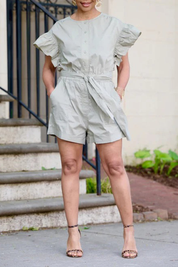 Casual Solid Flutter Sleeve Belted Romper