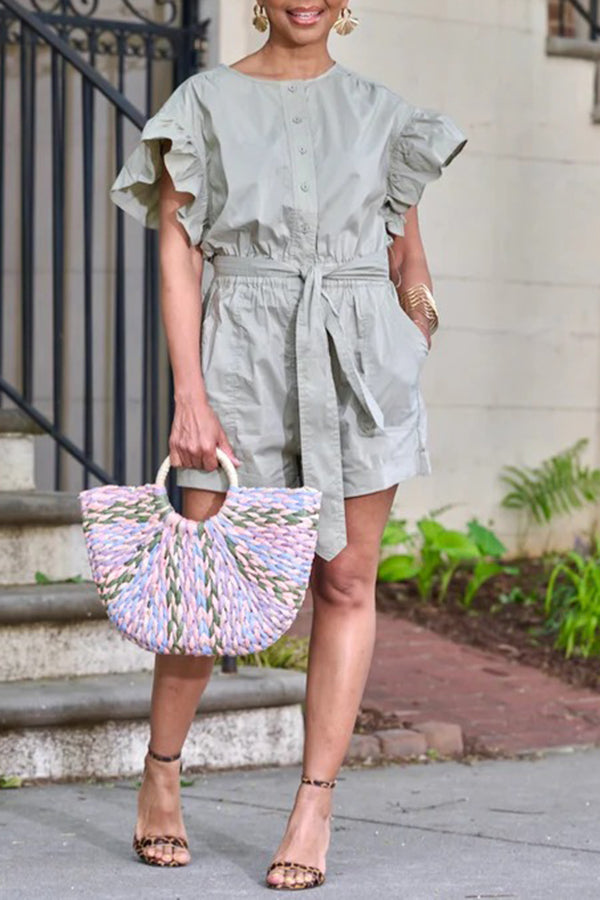 Casual Solid Flutter Sleeve Belted Romper