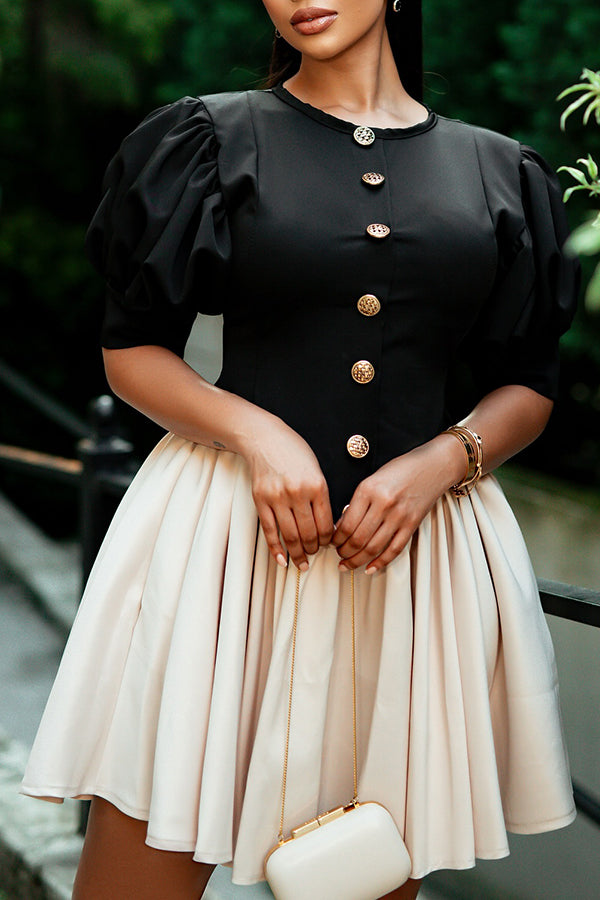 Elegant Puff Sleeve Colorblock Mini Dress