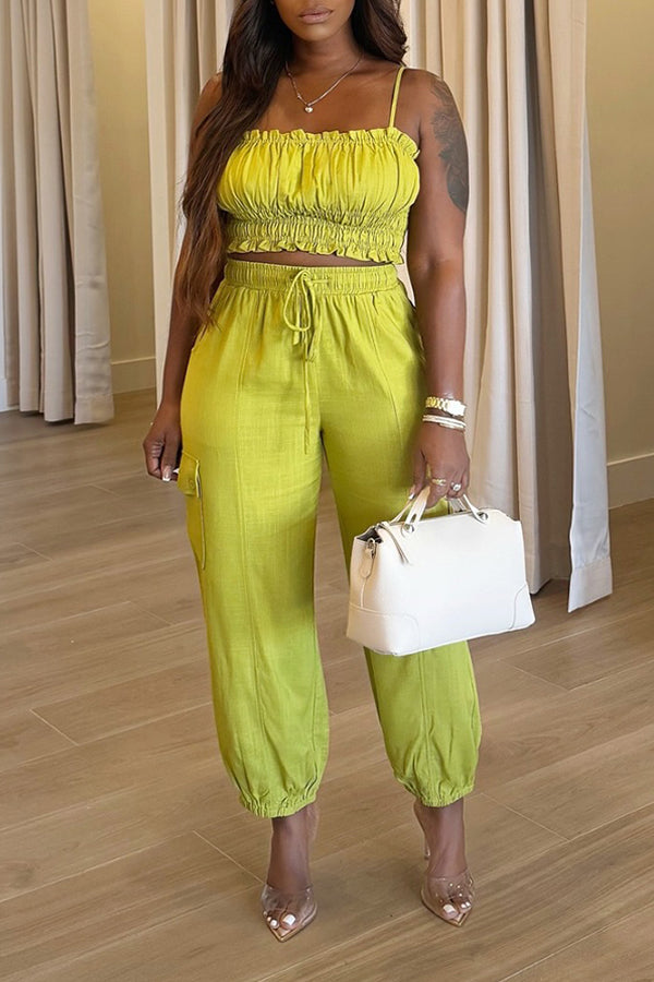 Casual Ruched Vest & Drawstring Waist Pant Set