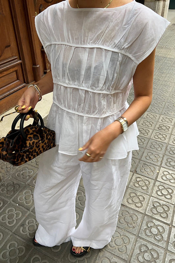 Casual Ruched Vest & Wide Leg Pants Set