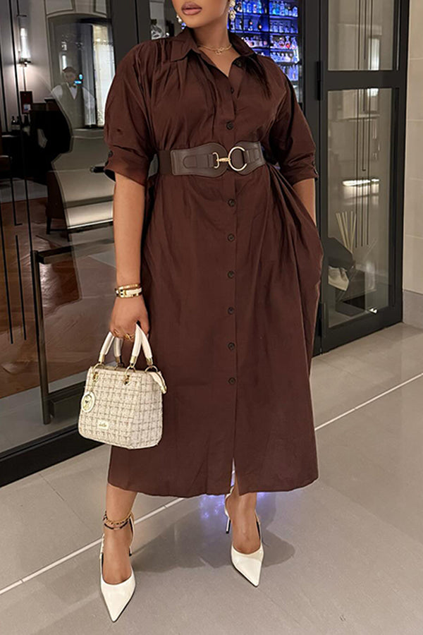 Casual Single Breasted Self Belted Shirt Midi Dress