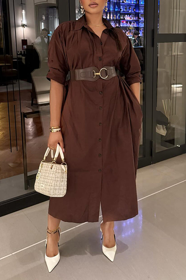 Casual Single Breasted Self Belted Shirt Midi Dress