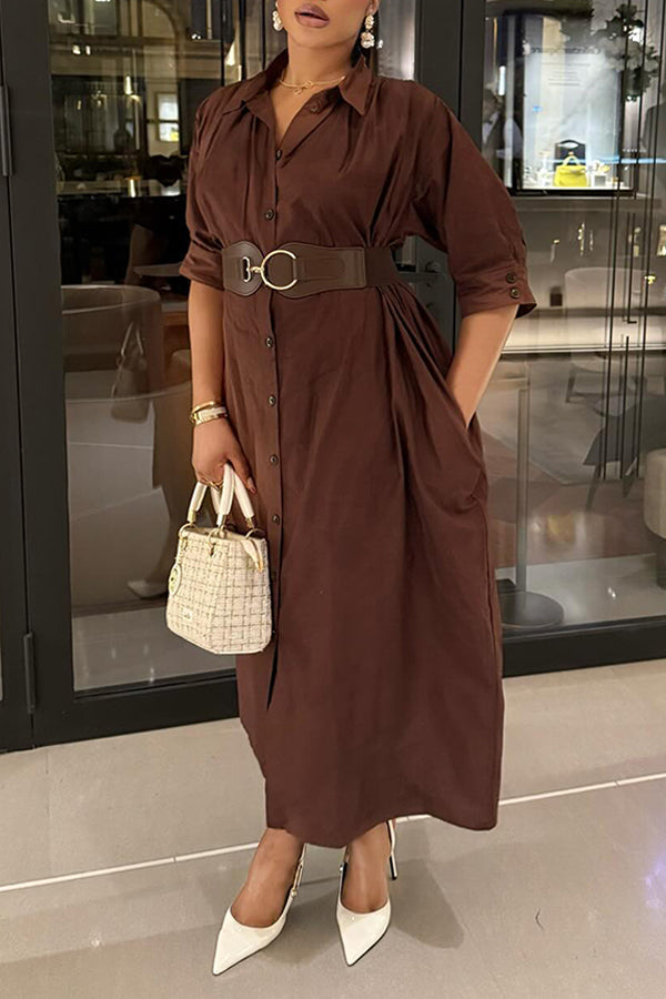 Casual Single Breasted Self Belted Shirt Midi Dress