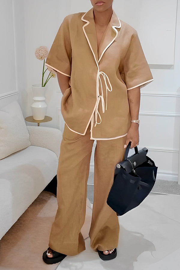 Casual Tie Placket Top & Wide Leg Pants Set