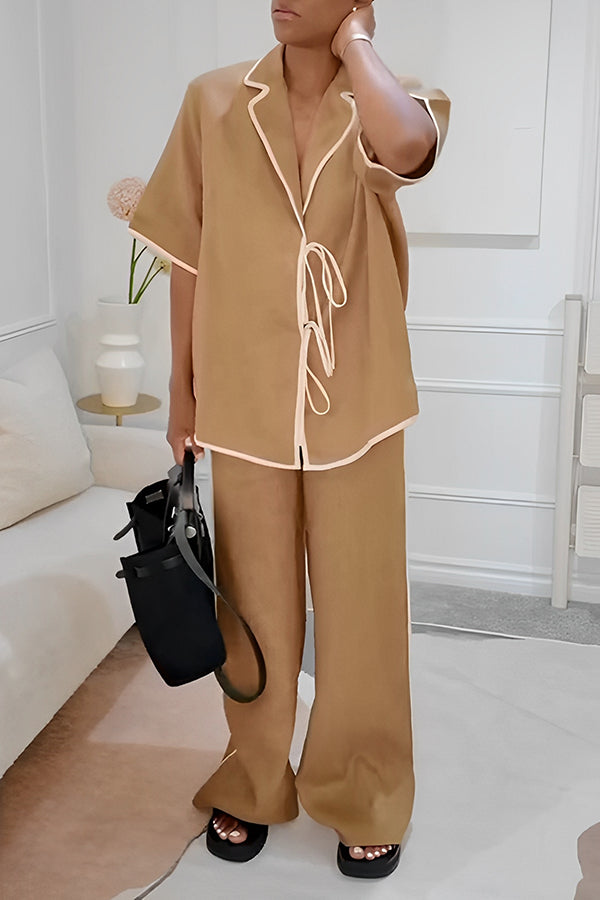 Casual Tie Placket Top & Wide Leg Pants Set