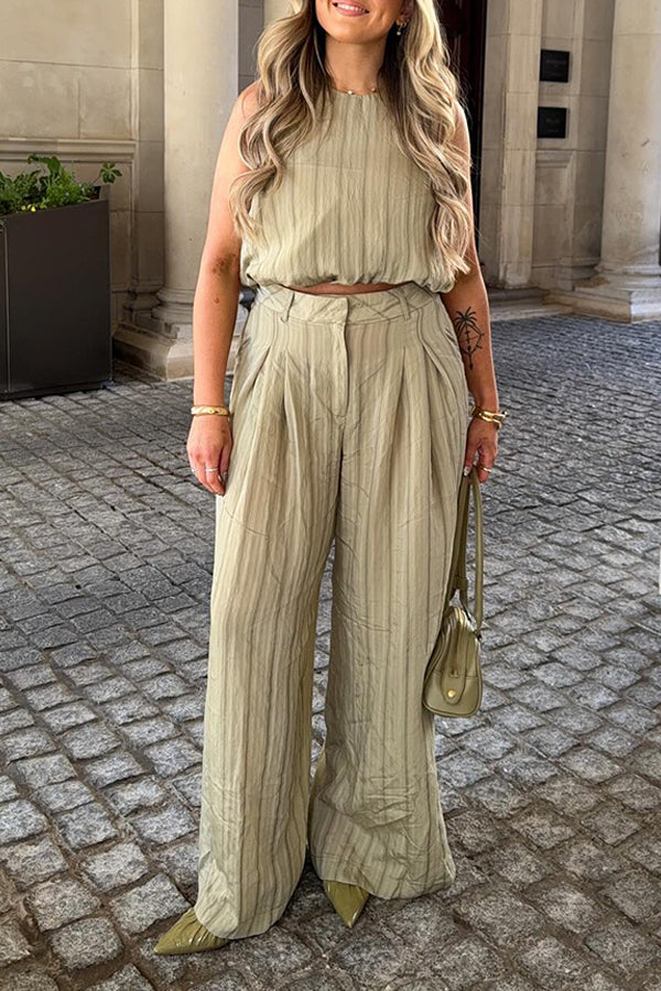 Chic Ruched Round Neck Vest & Wide Leg Pants Set