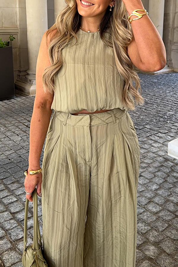 Chic Ruched Round Neck Vest & Wide Leg Pants Set