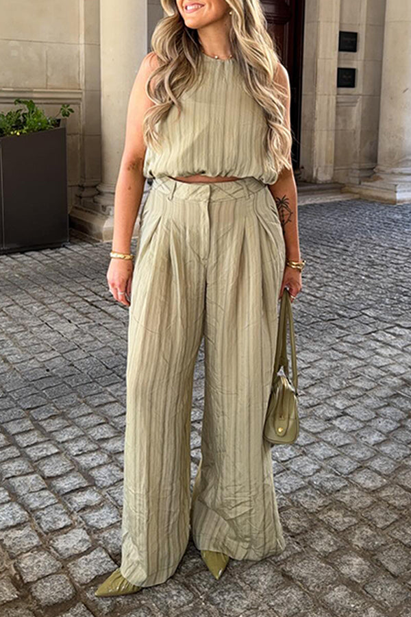 Chic Ruched Round Neck Vest & Wide Leg Pants Set