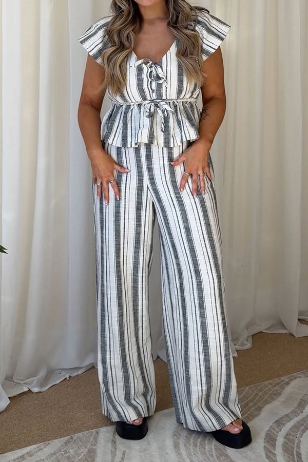 Casual Striped Ruffle Hem Top & Pants Set