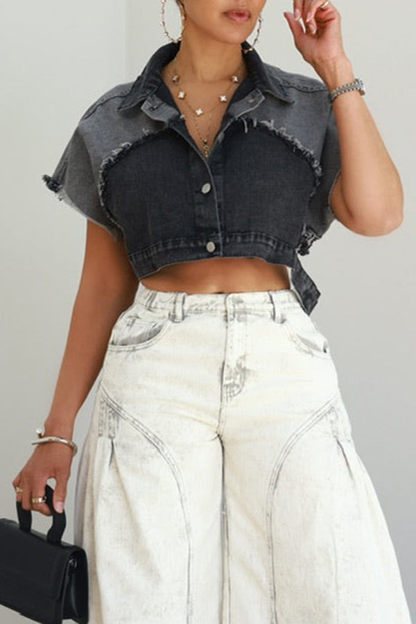 Casual Colorblock Acid Wash Denim Jacket
