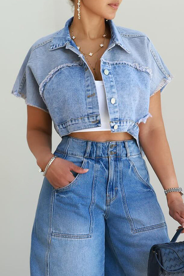 Casual Colorblock Acid Wash Denim Jacket