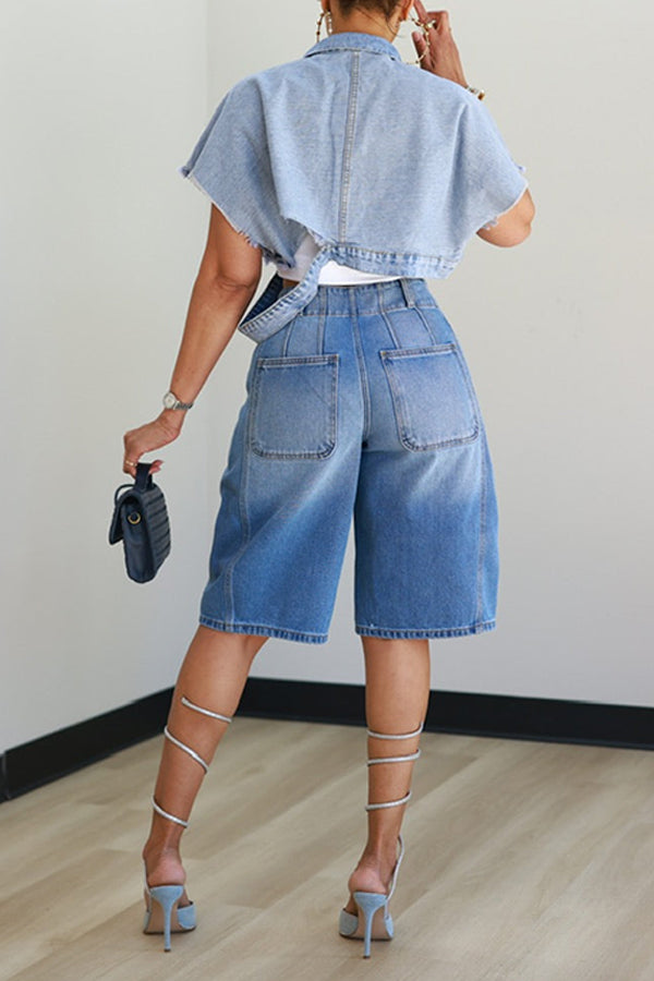 Casual Colorblock Acid Wash Denim Jacket