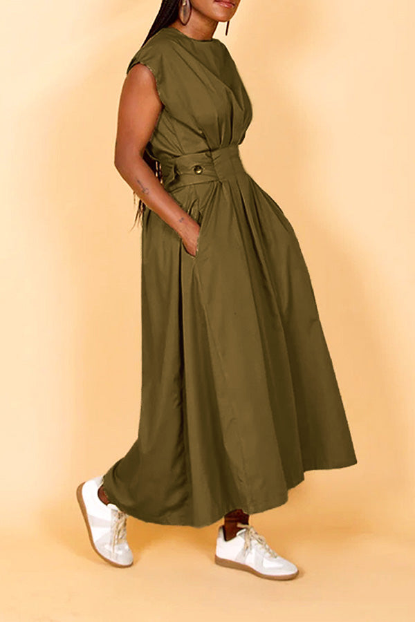 Fashion High Plicated Waist Slant Pocket Dress