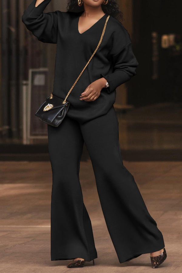 Classic V Neck Top & Wide Leg Pants Set