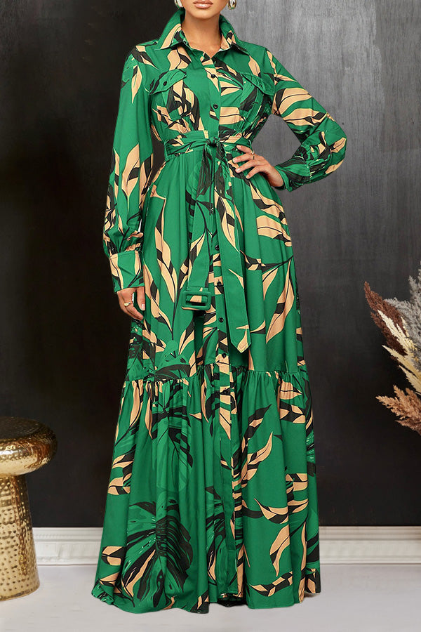 Chic Leaf Print  Ruffle Hem Dress