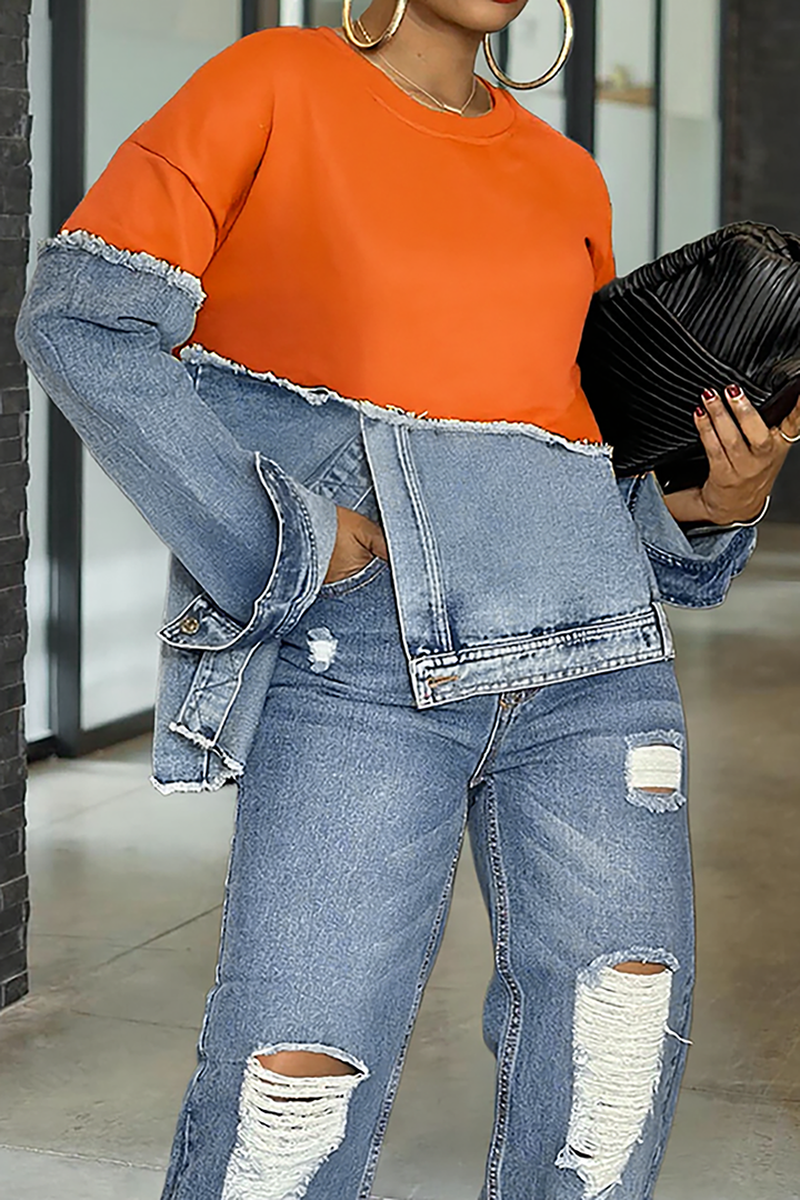 Stylish Irregular Hem Denim Patch Sweatshirt
