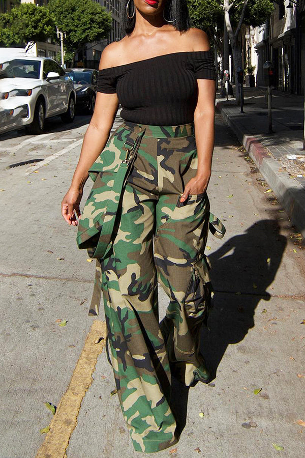 Fashion High-waisted Pocket Trousers Pants With Detachable Crossbody Bag