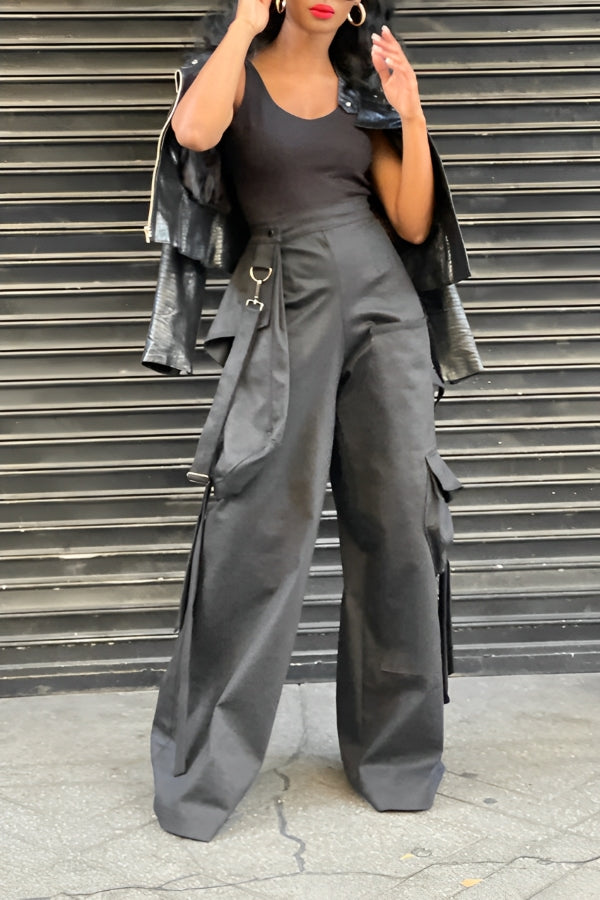 Fashion High-waisted Pocket Trousers Pants With Detachable Crossbody Bag